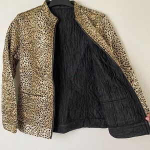 Chico's Reversible Jacket Satin Gold Size 0 Quilted Animal Print/Denim‎ Zip
